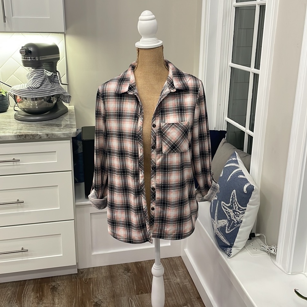 Almost famous pink and black button down long sleeve shirt